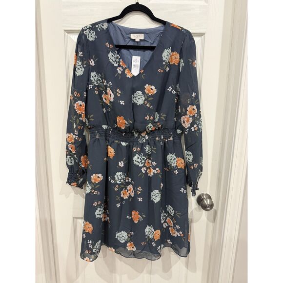 LOFT Outlet Dress Womens Large Blue Floral V Neck Long Sleeve Smocked Waist - Picture 1 of 13
